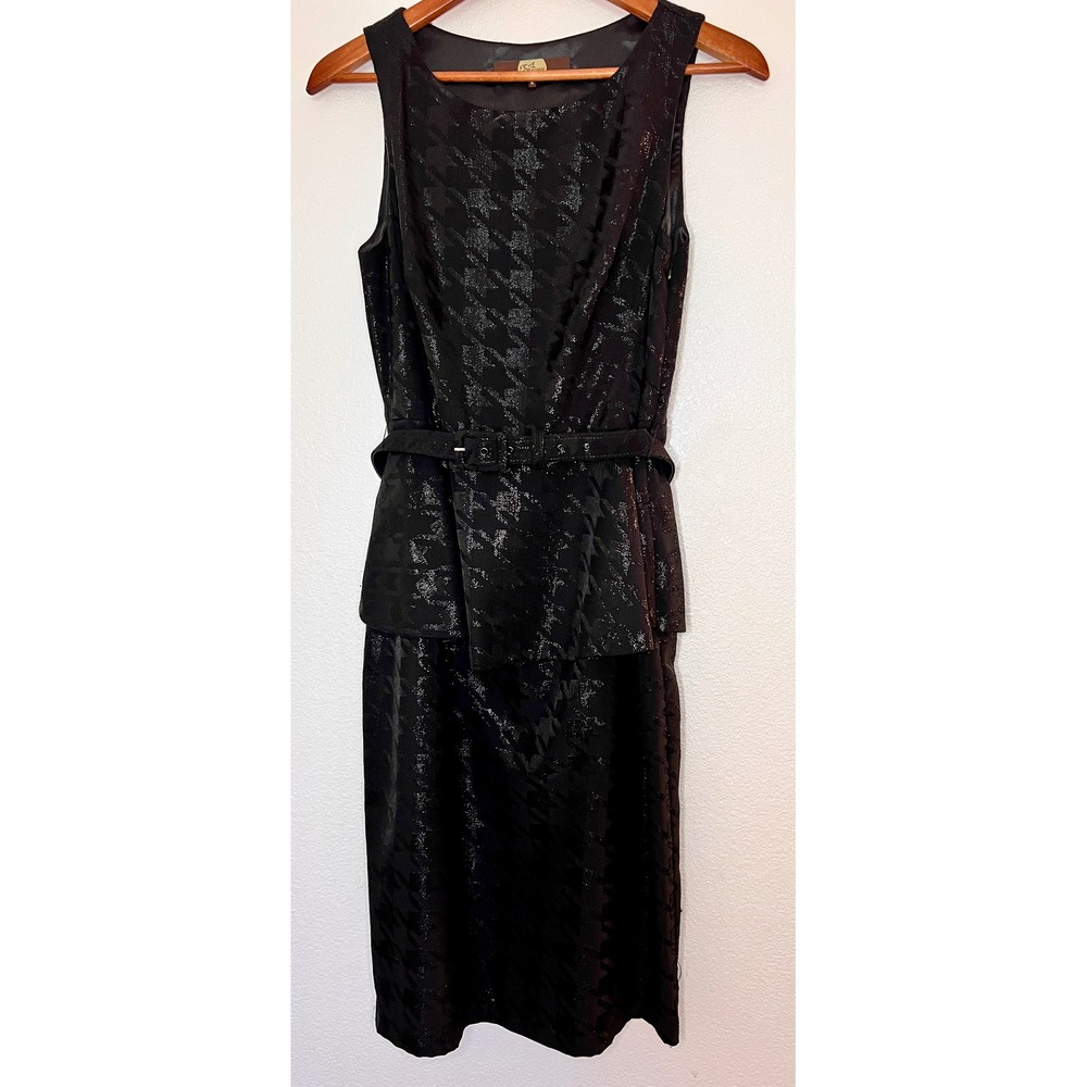 Eva Franco Vintage Black Houndstooth Peplum Dress Belted‎ USA Made Size 6